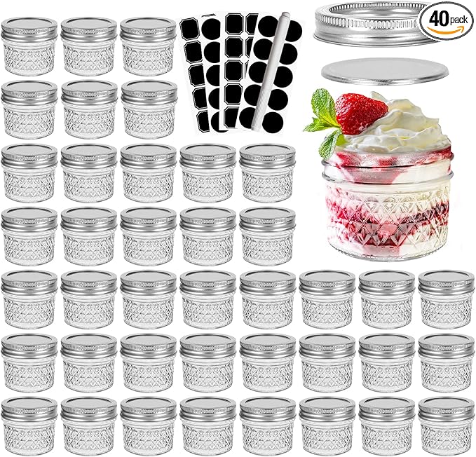 CycleMore 40 Pcs 4oz Clear Glass Mini Mason Jars With Silver Separable Lids and Diamond appearance, Small Spice Canning Jars for Honey, Jam, Jelly, Wedding Favors, Kitchen Food Storage