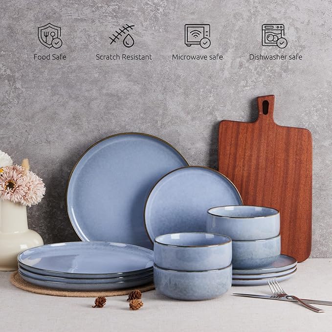 E-far Dinnerware Sets for 6, 18-Piece Plates and Bowls Set, Reactive Glaze Dishes, Stoneware Dinning Ware Set, Microwave & Dishwasher Safe - Ocean Blue