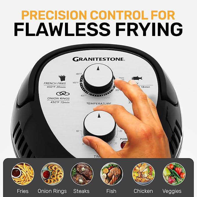 Granitestone 16Qt Large Glass Air Fryer Non Toxic – Family Sized Airfyrer Cooker with 3 Cooking Sections, Stainless Steel Racks, for French Fries, Chicken, No Preheat, Self Cleaning, Dishwasher Safe
