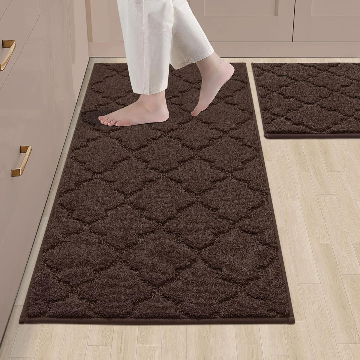 COSY HOMEER Soft Kitchen Rugs [2 PCS] for in Front of Sink Super Absorbent Kitchen Floor Mats and Mats 20x30 Inch/20X48 Non-Skid Kitchen Mat Standing Mat Washable,Polyester,Brown