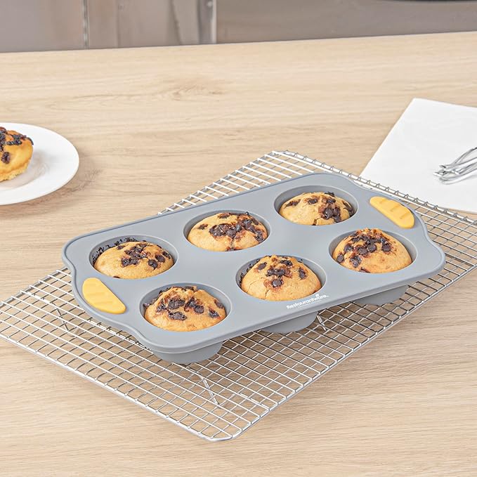 Restaurantware Silicone Baking Mold Pack of 1 Non-Stick Muffin Mold with Handles 6 Compartments, Oven-Friendly Dishwashable Freezer-Friendly Heat-Resistant Gray Silicone Cupcake Muffin Pan