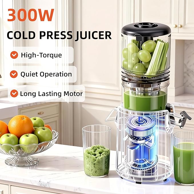 Cold Press Juicer Machines, 5.3” Large Feed Chute Slow Masticating Juicer for Whole Fruits & Vegetables, Easy Clean, 300W Quiet Juice Extractor, 99% High Juice Yield, Red