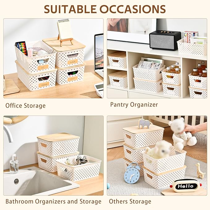 8 Pack Plastic Storage Bins with Bamboo Lids - Stackable Storage Baskets with Handle for Pantry Organizer and Storage, Plastic Containers Bins Lidded Storage Bins for Classroom Office Shelves