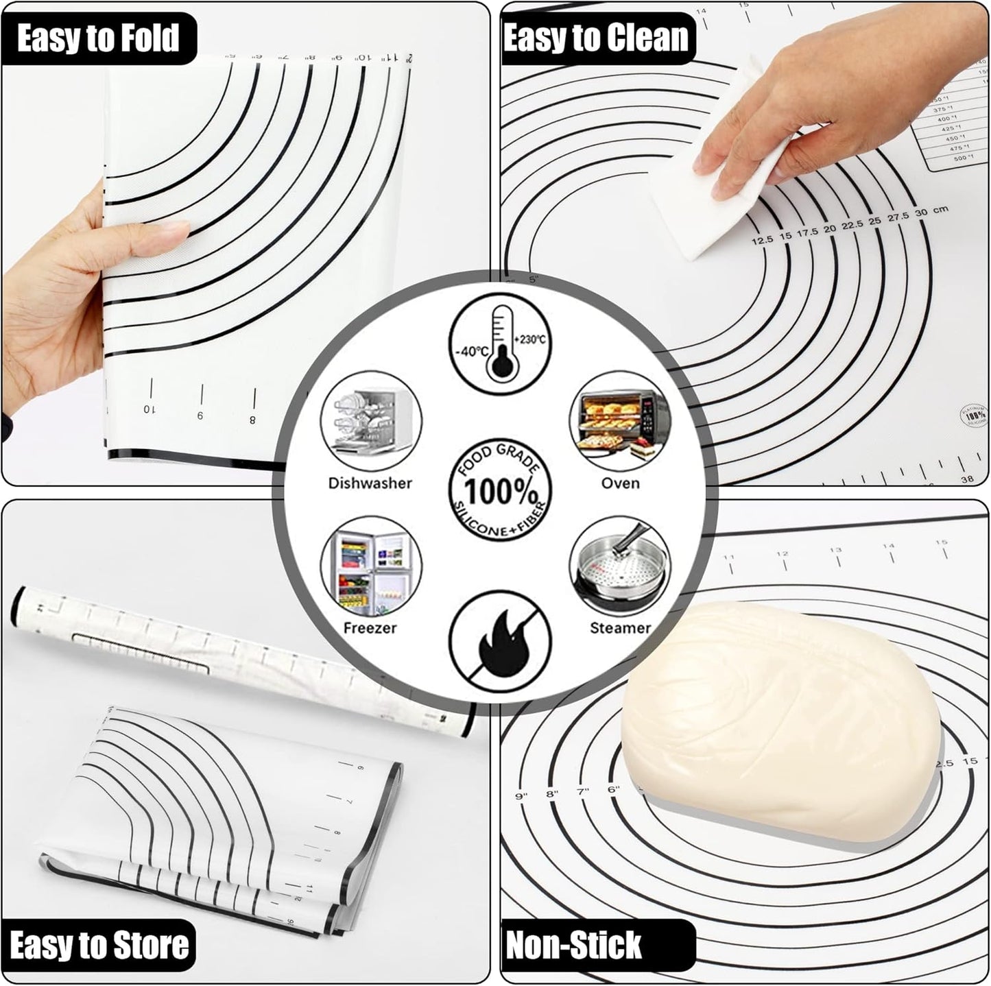 Stainless Steel Rolling Pin with Thickness Rings and Pastry Baking Mat for Baking, Fondant, Pizza, Pie, Cookies, Pastries, 13.6" Rolling Pin with 4 Multi-Color Thickness Rings and Wooden Stand