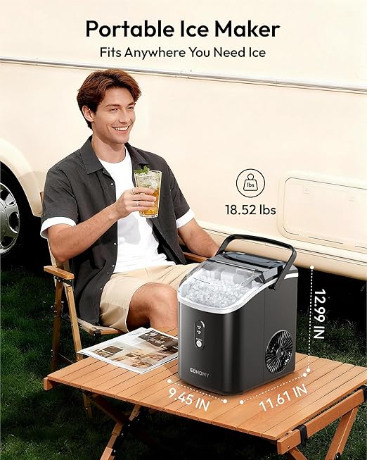 EUHOMY Nugget Ice Maker Countertop with Handle, Ready in 6 Mins, 34lbs Per Day, Removable Top Cover, Self-Cleaning, Portable Sonic Ice Maker with Basket and Scoop, for Home/Party/RV/Camping(Black)