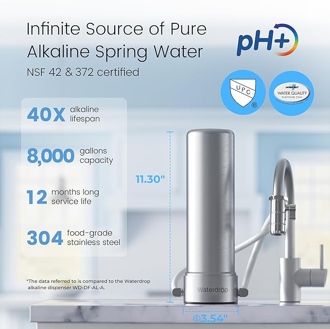 Waterdrop CTF-04 Alkaline Water Filter for Sink Faucet, NSF/ANSI 42 Certified Countertop Water Filter System, 5-Stage Stainless Steel Faucet, Reduces 99% Chlorine, 8000 Gallons, 1 Filter