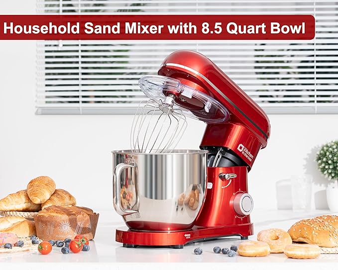 Kitchen in the box Stand Mixer - 8.5 Quart Mixing Bowl with Handle, 900 Watt Heavy Bread Dough Standing Mixers Tilt-head with Dough Hook, Whisk, Flat Beater and Splash Guard (Red)
