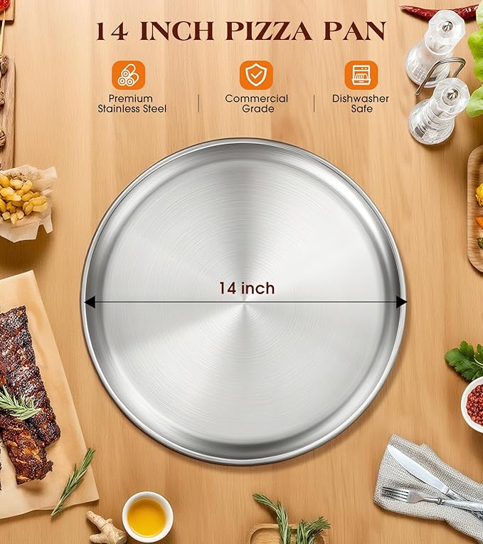 Yuiicaov Stainless Steel Pizza Pan 14 inch, Pizza Pan for Oven, Steel Pizza Tray, Thick Round Pizza Plate Pizza Baking Sheet, Easy Clean & Dishwasher Safe, Set of 1