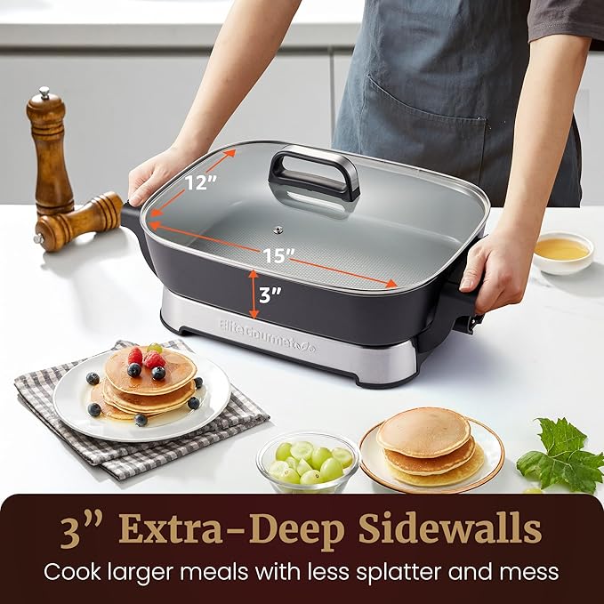 Elite Gourmet 15" x 12" x 3" Stow-Away Foldable Electric Skillet, Ceralast™ PFAS Free Ceramic, 1500W Rapid Heat, Dishwasher Safe Pan & Lid, Black/Grey