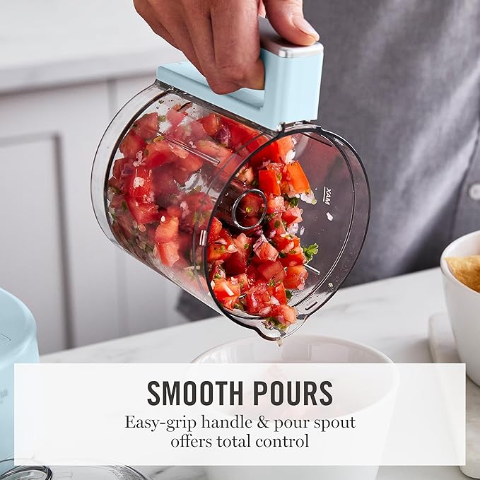 Martha Stewart 3 Cup Electric Food Chopper, Vegetable & Herb Mini Food Processor, 24oz BPA-Free Bowl, Stainless Steel Blades, Pour Spout, Dicing, Mincing, Chop & Puree, Dishwasher Safe, Sky