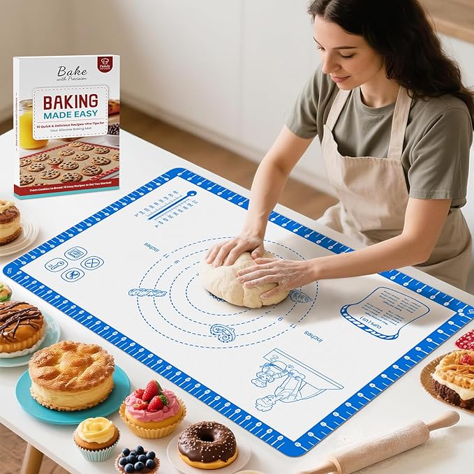 Silicone Baking Mat with 10 Useful Recipes, Silicone Mat for Baking,Cookie, Macaron, Pizza, Bread, Surdough,Silicone Sheet for Dough Rolling out 480°F Oven Safe