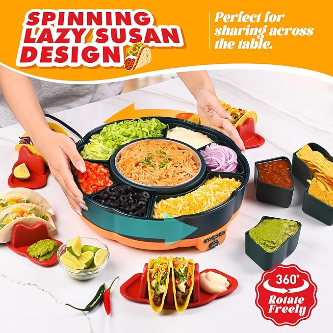 Taco Tuesday Kit - Taco Bar Serving Set for a Party with 33oz Heated Pot, 4 Taco Holders, Detachable Lazy Susan Tray, Perfect for Parties, Nachos Taco Night Fiesta Unique Couple & Housewarming Gift