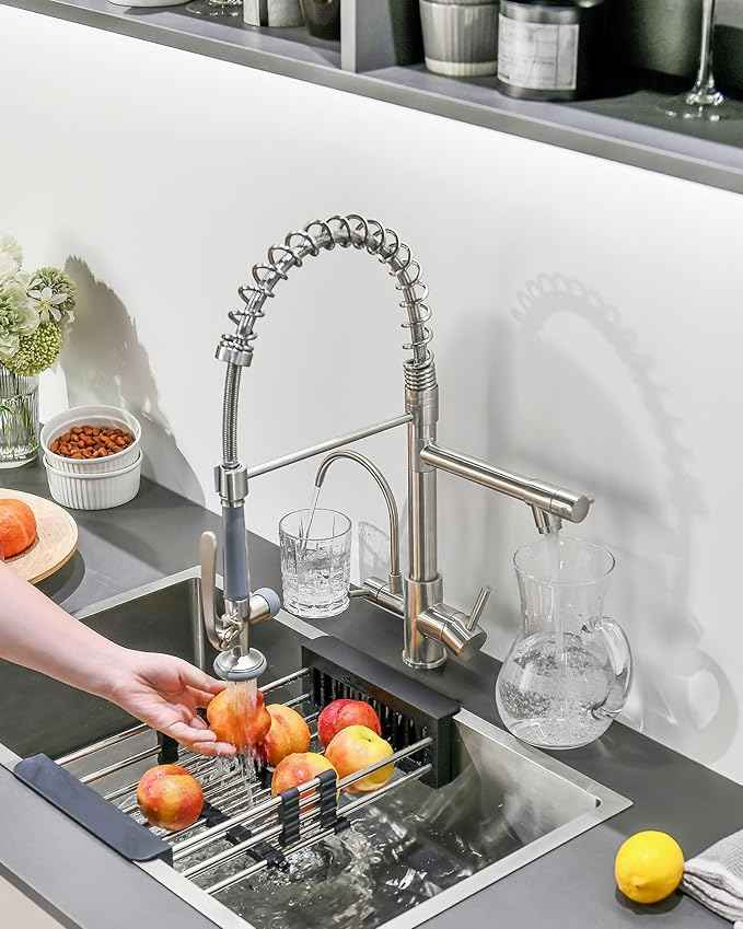 Fapully Commercial 3 Way Kitchen Faucets with Pull Down Sprayer and Water Filler,3 in 1 Kitchen Sink Faucet with Drinking Water Faucet Brushed Nickel