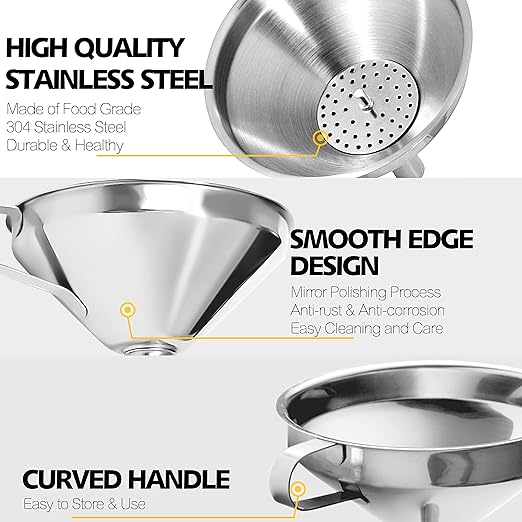 Anaeat Stainless Steel Kitchen Funnel, Multi-Use Premium Metal Food Grade Cooking Funnels with 2 Removable Strainer Filter for Transferring Liquid or Dry ingredients, Oils & 1 Pc Cleaning Brush (5.0")