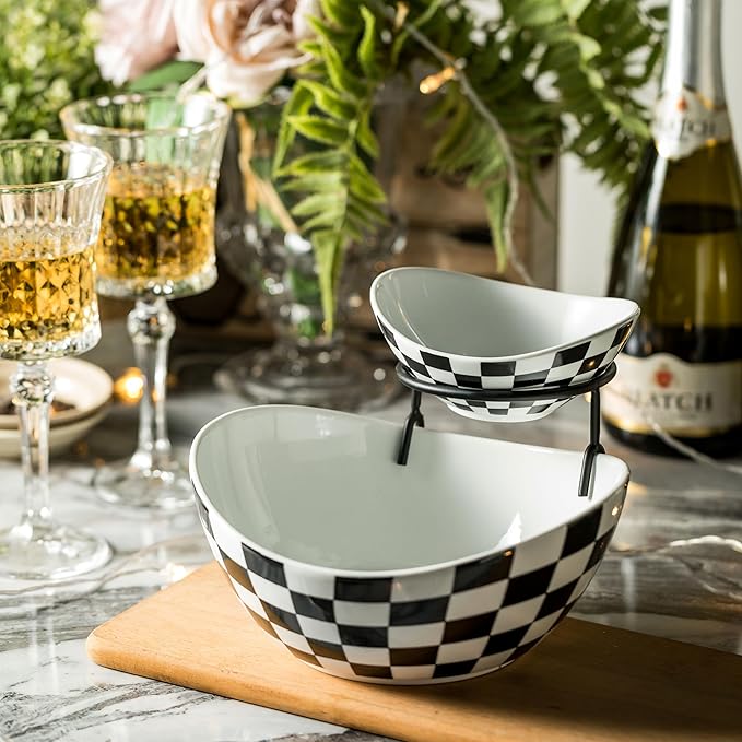 Miamolo Tiered Serving Bowls Chip and Dip Serving Set with Stand, Ceramic Appetizer Serving Dishes Platters and Trays for Parties Entertaining - Checkered Kitchen Decor