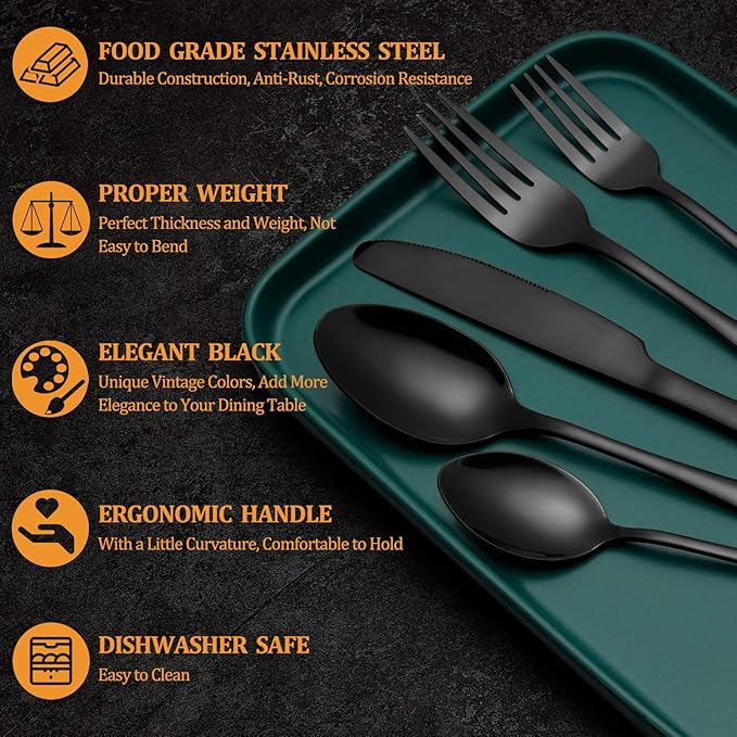 20 Pcs Black Silverware Set, Stainless Steel Flatware Set for 4, Food-Grade Cutlery Set, Mirror Polished Tableware Eating Utensils Set for Home Kitchen, Include Knife Fork Spoon Set, Dishwasher Safe