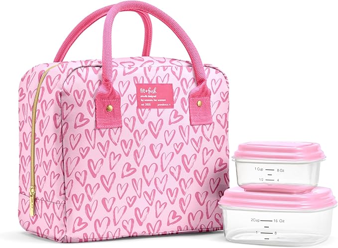 Fit & Fresh Bloomington Lunch Bag for Women - Insulated Large Lunch Box for Work with Containers, Leak-Resistant, Stain-Resistant, Zipper Closure, Pink Doodle Hearts