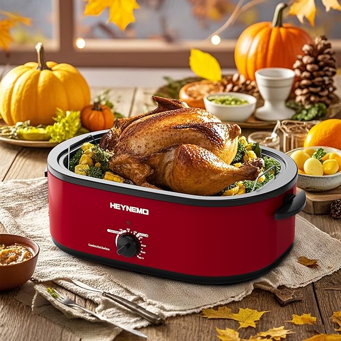 20 Quart Roaster Oven，Electric Turkey Roaster Oven with Defrost & Warm Function, Adjustable Temperature, Removable Pan & Rack, Stainless Steel, Red
