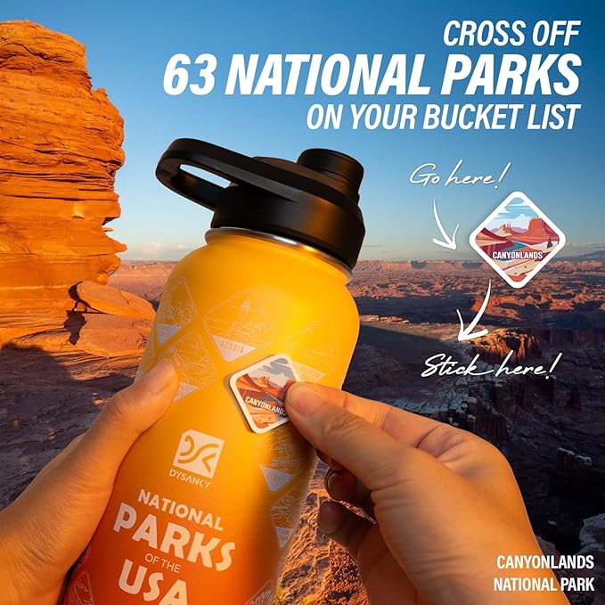 DYSANKY National Parks Water Bottle – 40 oz Insulated Stainless Steel Bottle with 63 Hand-Drawn Park Stickers, Carrier Bag, Strap & Gift Box – BPA-Free – Ideal for Hiking, Camping & Travel