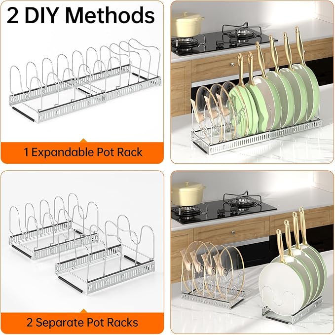 MUDEELA Pots and Pans Organizer Rack for under Cabinet, Expandable Pot Lid Kitchen Cabinet Organizer Holder with 10 Adjustable Compartment Cutting Board Organizer for Pan Lid Cookie Sheet Rack, Silver