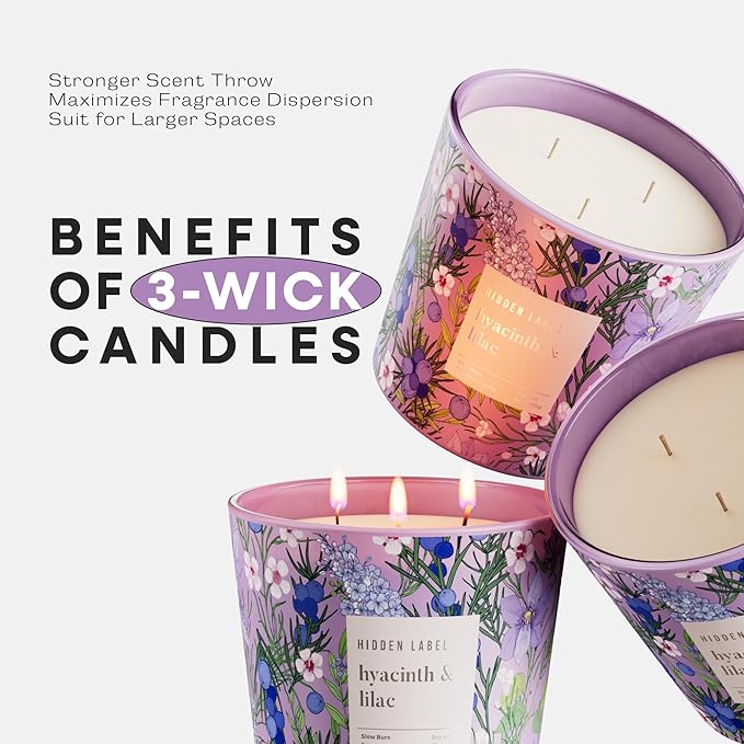 Hidden Label Large Soy Candle, Hyacinth Lilac Scented, 3 Wick 30oz, 100Hr Burn, Natural Non-Toxic Aromatherapy Stress Relief, Home Scent, Spa