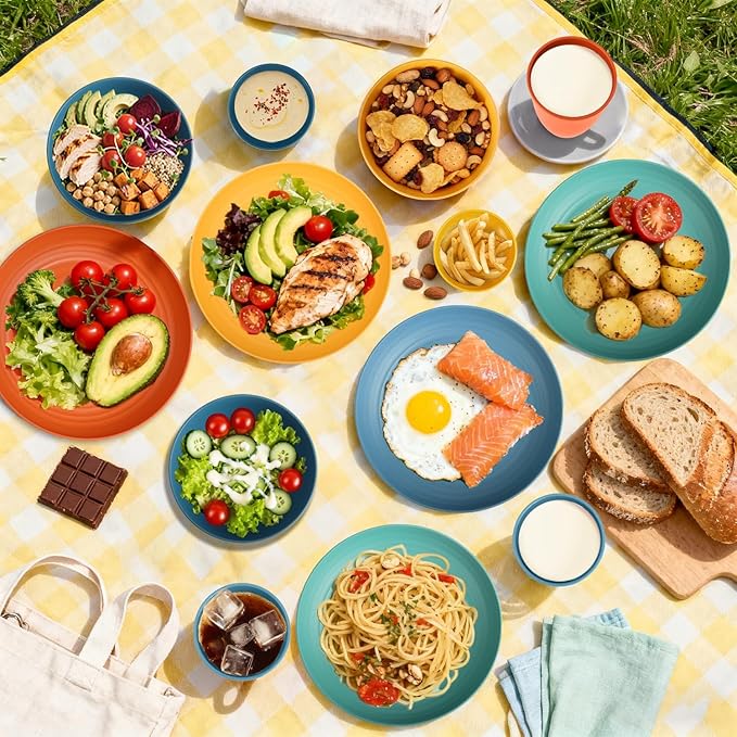 Wheat Straw Dinnerware Sets, Unbreakable Plates and Bowls Sets of 16, Kids Dinnerware Set Sevice for 4, Dishwasher & Microwave Safe Dish Set for Kitchen, Outdoor, Camping - Multi