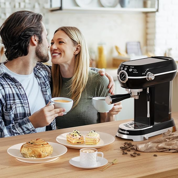 KITCHMIX Espresso Machine with Milk Frother ，20 Bar Stainless Steel Espresso Maker with Milk Frother Steam Wand, Espresso Coffee Machine with Removable Water Tank (Black)