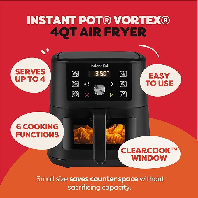 Instant Pot 4Qt Vortex 6-in-1 Mini Air Fryer, Custom Program Options, Air Fry, Broil, Roast, Dehydrate, Bake, Reheat, Black, 4 Quarts