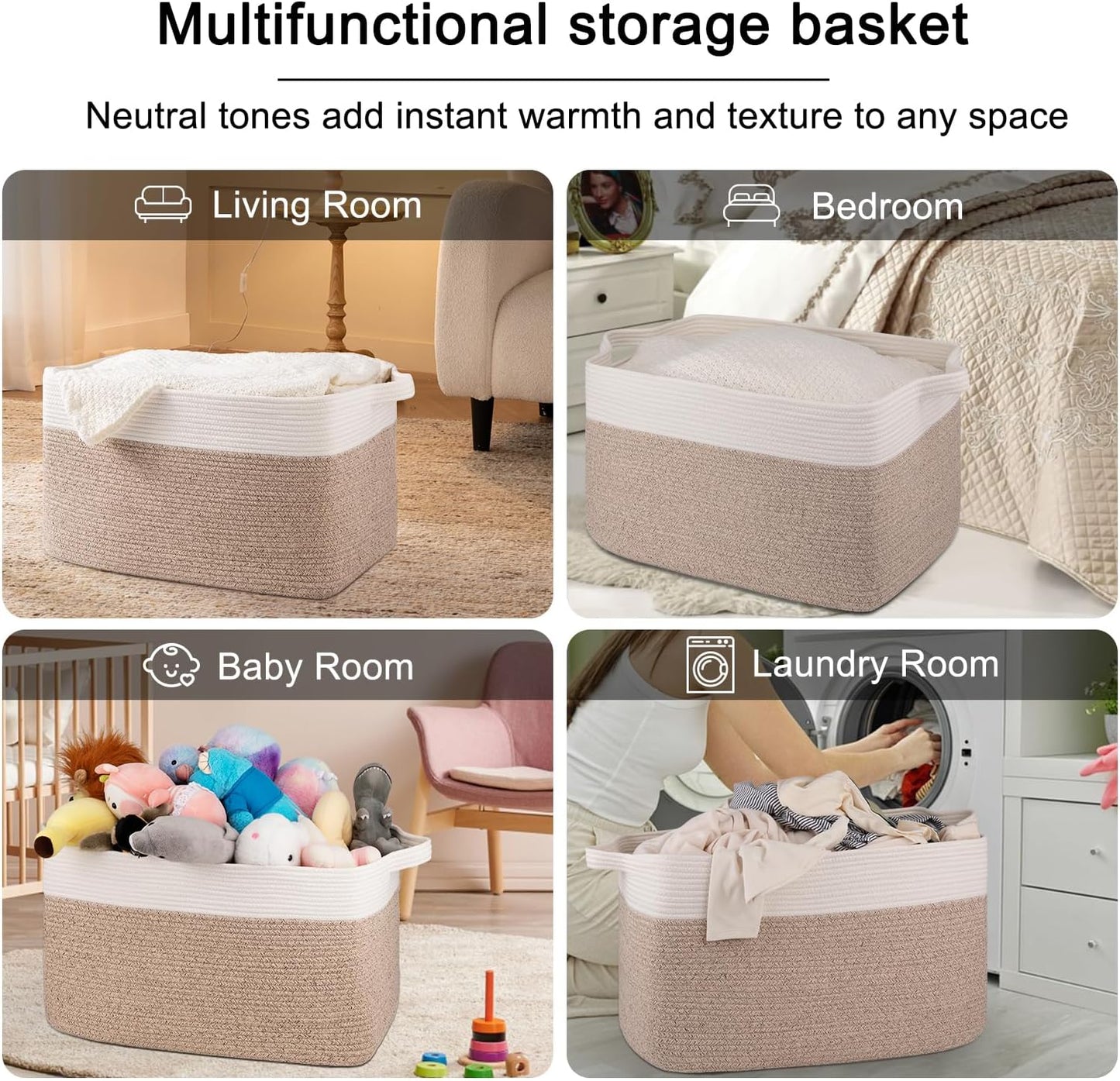 OIAHOMY 95L Blanket Basket, 24”x17”x14”, Large Woven Basket for Storage, Nursery Cotton Rope Basket with Handle, Living Room, Nursery, Bedroom,Toy Storage Organizer Bins, Brown and White