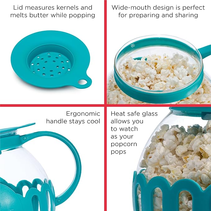 Ecolution Patented Micro-Pop Microwave Popcorn Popper with Temperature Safe Glass,3-in-1 Lid Measures Kernels and Melts Butter,Made Without BPA,Dishwasher Safe,3-Quart,Teal,(Pack of 4)