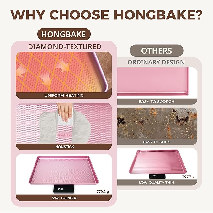 HONGBAKE 9-Piece Baking Pans Set Nonstick, Stackable Non Toxic Bakeware Sets with Diamond Texture, Oven Pan Set for Cooking, Includes Cookie Sheet with Rack, Cake Pan, Roasting Pan, Muffin Tin, Pink