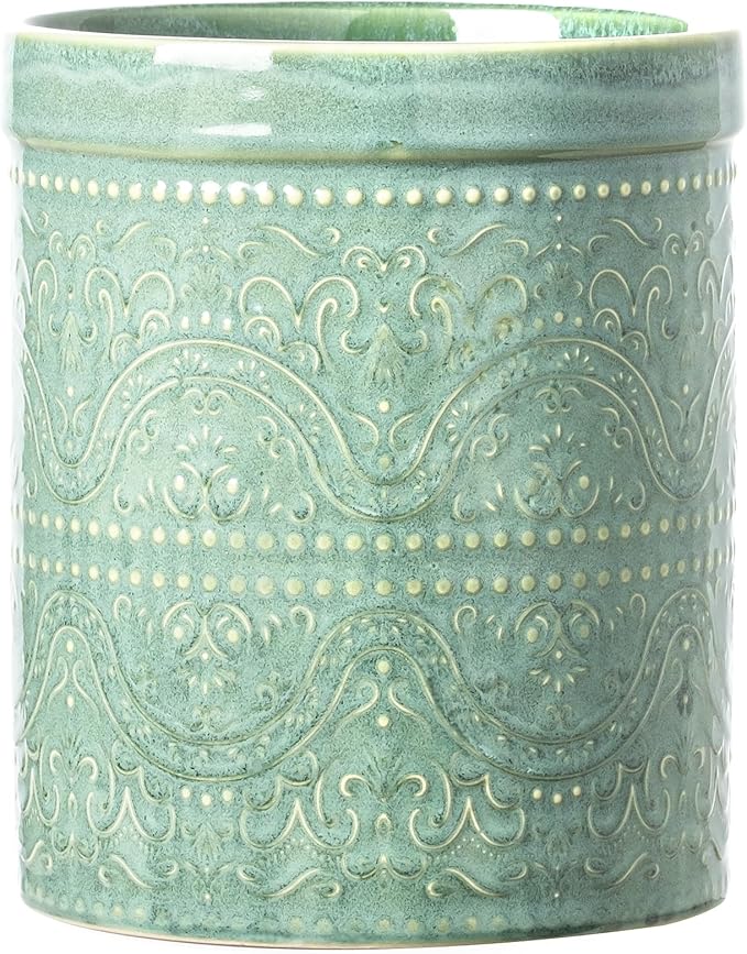 Kitchen Utensil Holder, 7 Inches Large Ceramic Utensil Holder for Countertop, Lace Emboss Cooking Utensil Crocks for Kitchen, Home Decor, Off-White, Forest Green