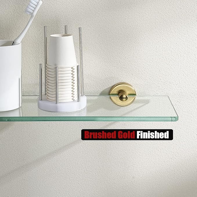 JQK Bathroom Glass Shelf Gold, Tempered Glass Shower Storage 12 by 5 inches, 304 Stainless Steel Brushed Gold Wall Mount, TGS101L12-BG