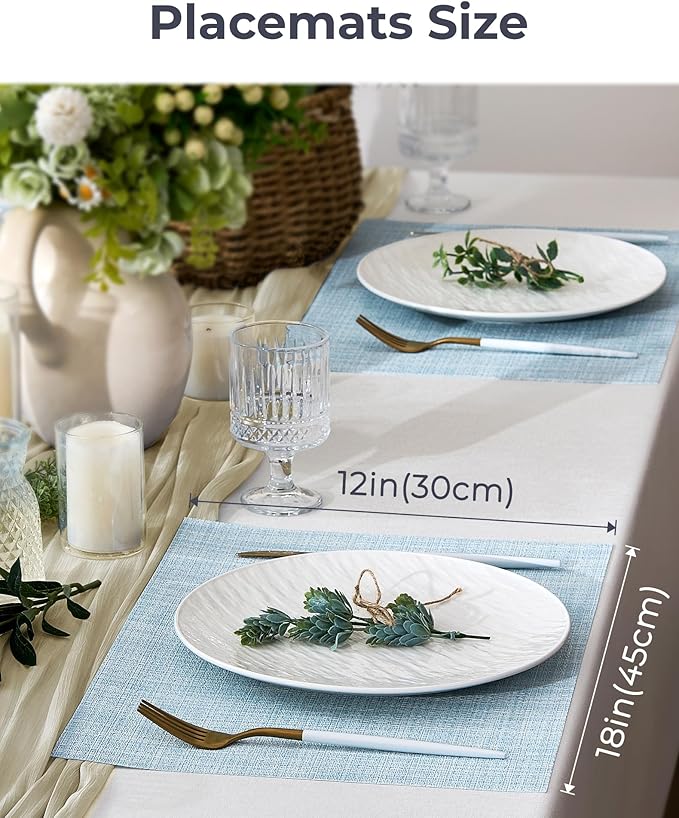 Leetaltree Soft Sky Blue Woven Placemats Set of 8 - Heat Resistant Non-Slip Place mats for Dining Table, Washable Durable PVC Vinyl Woven Table Mats(Sky Blue, 8)