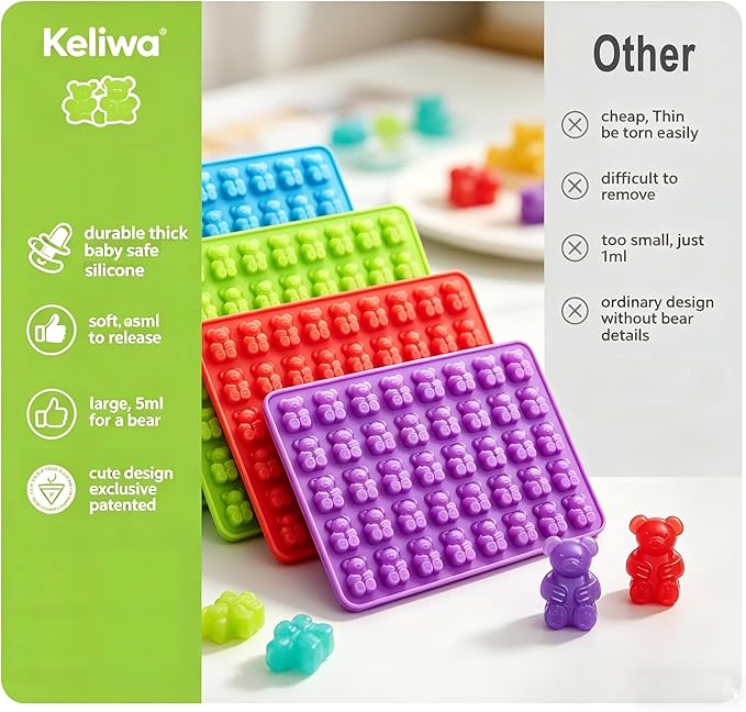 4 pcs Large Gummy Bear Molds 5 ML, BPA-FREE Silicone Chocolate Candy Gummy Molds with 4 Droppers and Cleaning Brush 140 Cavity