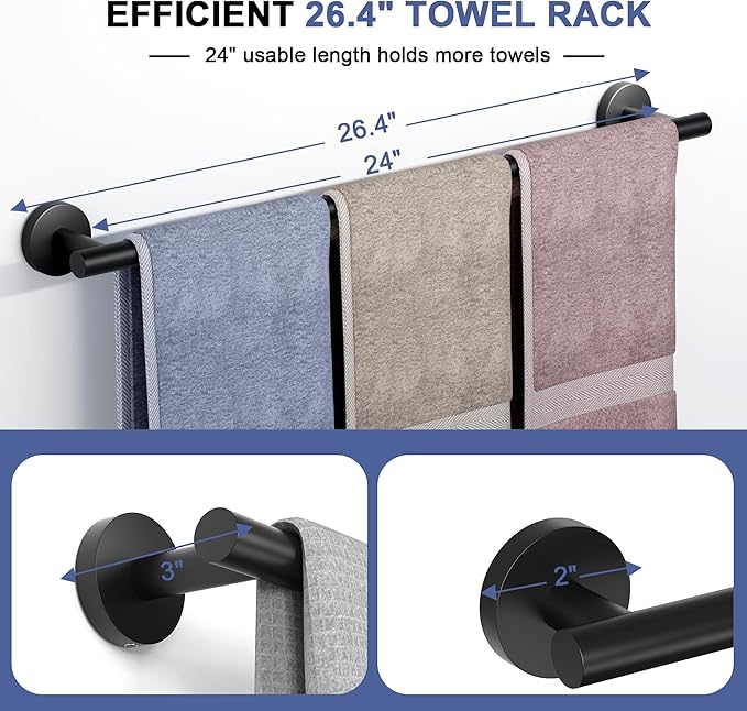 Matte Black Towel Bar, 24 Inch Towel Racks for Bathroom Wall Mounted, SUS304 Stainless Steel Bathroom Towel Holder, Total Length 26.4 Inch Towel Bars