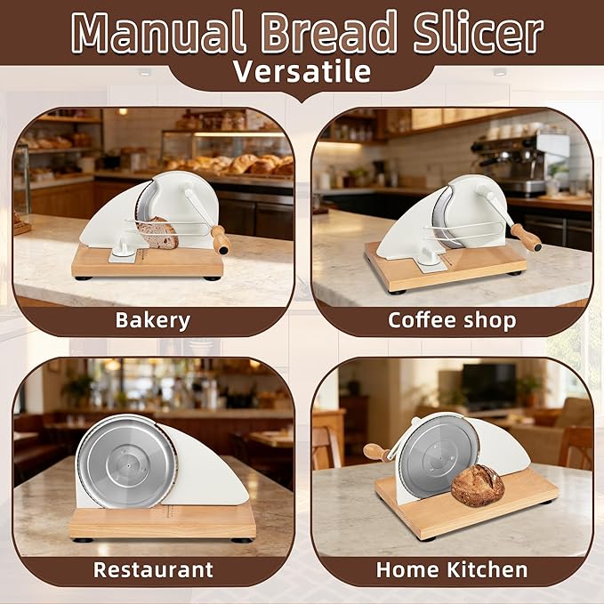 Manual Bread Slicer for Homemade Sourdough Bread Adjustable Thickness Bread Cutter with Hand Crank, Slicing Guide, Scale Line, Stainless Steel Blade & Suction Cups, for Perfect Even Slices (Cream)