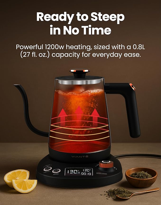 Vianté Electric Gooseneck Kettle with Precise Temperature Control. Pour Over Coffee & Tea Kettle. Boil-Dry Protection & Keep Warm Function. Stainless Steel, BPA-Free. Includes #2 Filters. 0.8L