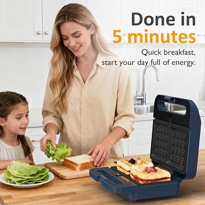Sunvivi 3 in 1 Sandwich Maker, Electric Waffle Maker with Removable Non-stick Plates, 1000W Panini Press Grill with Glass Top, Cool Touch Handle & Easy to Clean, Blue