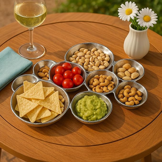9 Cluster Decorative Bowls Bright Silver Snack Tray Bowl Chip & Dip Serving Piece Strong Brass Centerpiece Beautiful Room Accent & Entertaining Parties Home Decor Wedding Gifts 22 Inch Decorative Gift