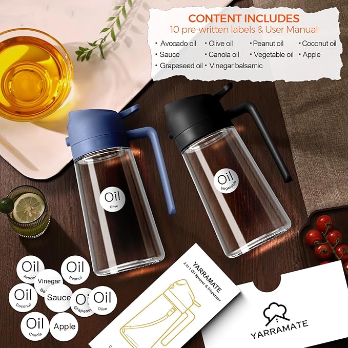 YARRAMATE 16oz/470ml Glass Olive Oil Sprayer (Navy), 100ml Metal Measuring Cup and Rechargeable Milk Frother