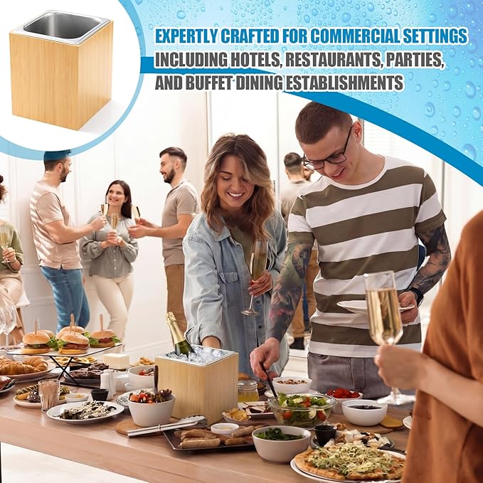 Ice Housing Bin with Removable Tray Ice Holder Container Wine Beer Champagne Drink Bucket Beverage Tub for Freezer Display Buffet Bar Counter Party Drink Chiller(Bamboo and Steel,7.9" X 7.7" X 7.23")