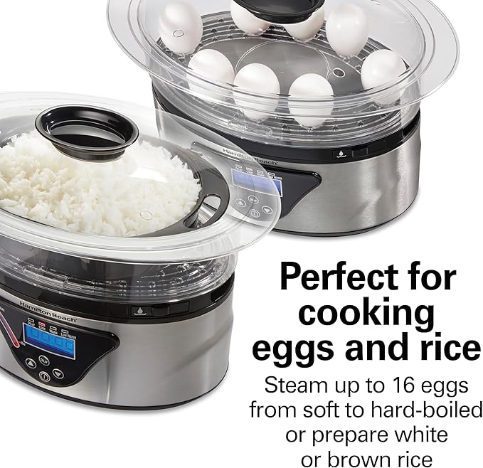 Hamilton Beach Digital Electric Food Steamer & Rice Cooker for Quick, Healthy Cooking for Vegetables and Seafood, Stackable Two-Tier Bowls, 5.5 Quart, Black & Stainless Steel