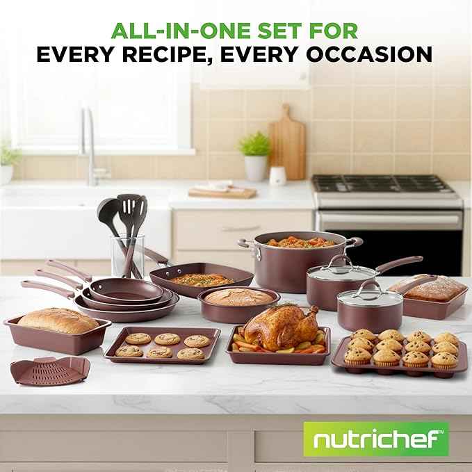 NutriChef Nonstick Cookware Set, 20-Piece Premium Kitchen Cookware Set with Pots, Pans, Bakeware & Utensils, Non Stick Pots and Pans Compatible with Gas, Electric, Ceramic & Induction Cooktops (Black)