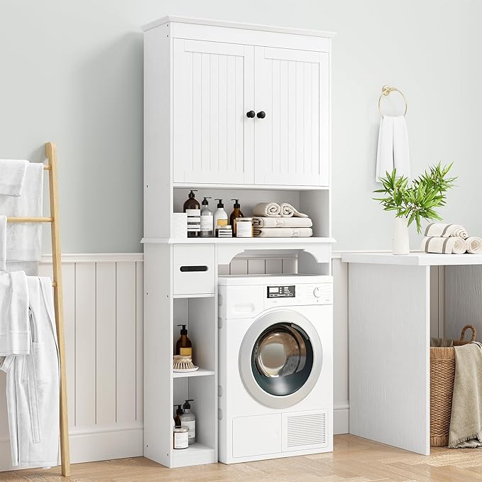 IDEALHOUSE 23.6 Inches Wide Toilet Rack with Over The Toilet Storage Cabinet, Bathroom Shelf Organizer with Anti-Tip Device, Small Freestanding Space Saver with Adjustable Shelf (White 30" W)