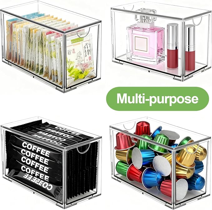 6 Pack Stackable Tea Bag Organizer Drawers – Clear Acrylic Tea Bag Holder for Cabinet, Drawer, Pantry, Countertop – Kitchen Tea Storage Container