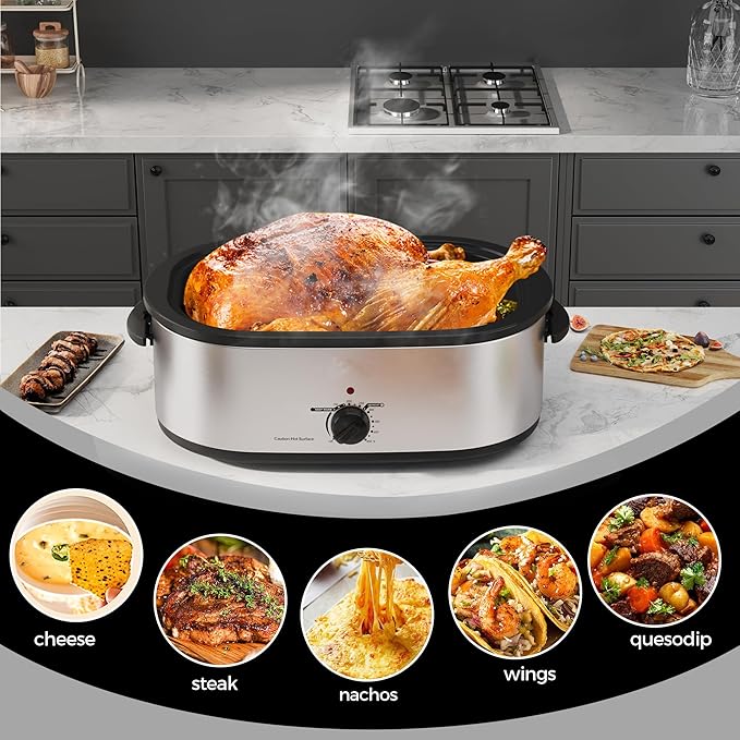 18Qt Turkey Roaster Oven Buffet with Self-Basting Lid, 1450W Electric Roaster Pan with Cool-Touch Handles, Stainless Steel Roaster Oven with Removable Pan and Rack, Silver