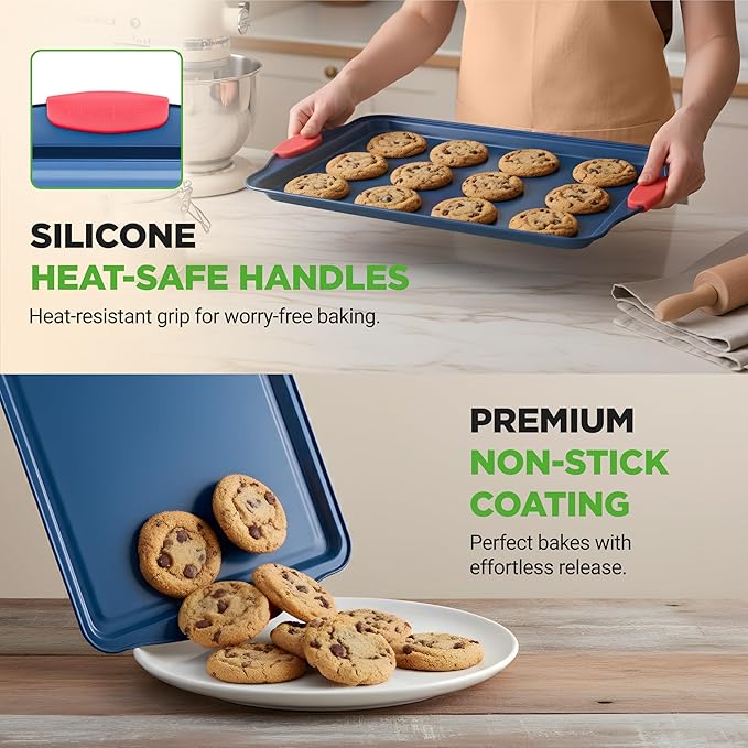 NutriChef Nonstick 3-Piece Baking Pans Set – Carbon Steel Bakeware with Blue Coating Inside & Outside and Red Silicone Handles, Durable and Reliable, Effortless Baking and Easy Cleanup (Blue)