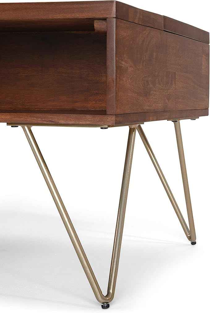 SIMPLIHOME Hunter Lift Top Coffee Table - 48 inch Wide Solid Mango Wood and Metal Industrial Cocktail Table in Umber Brown, Functional Living Room Table with 2 Storage Cubbies and Hairpin Legs