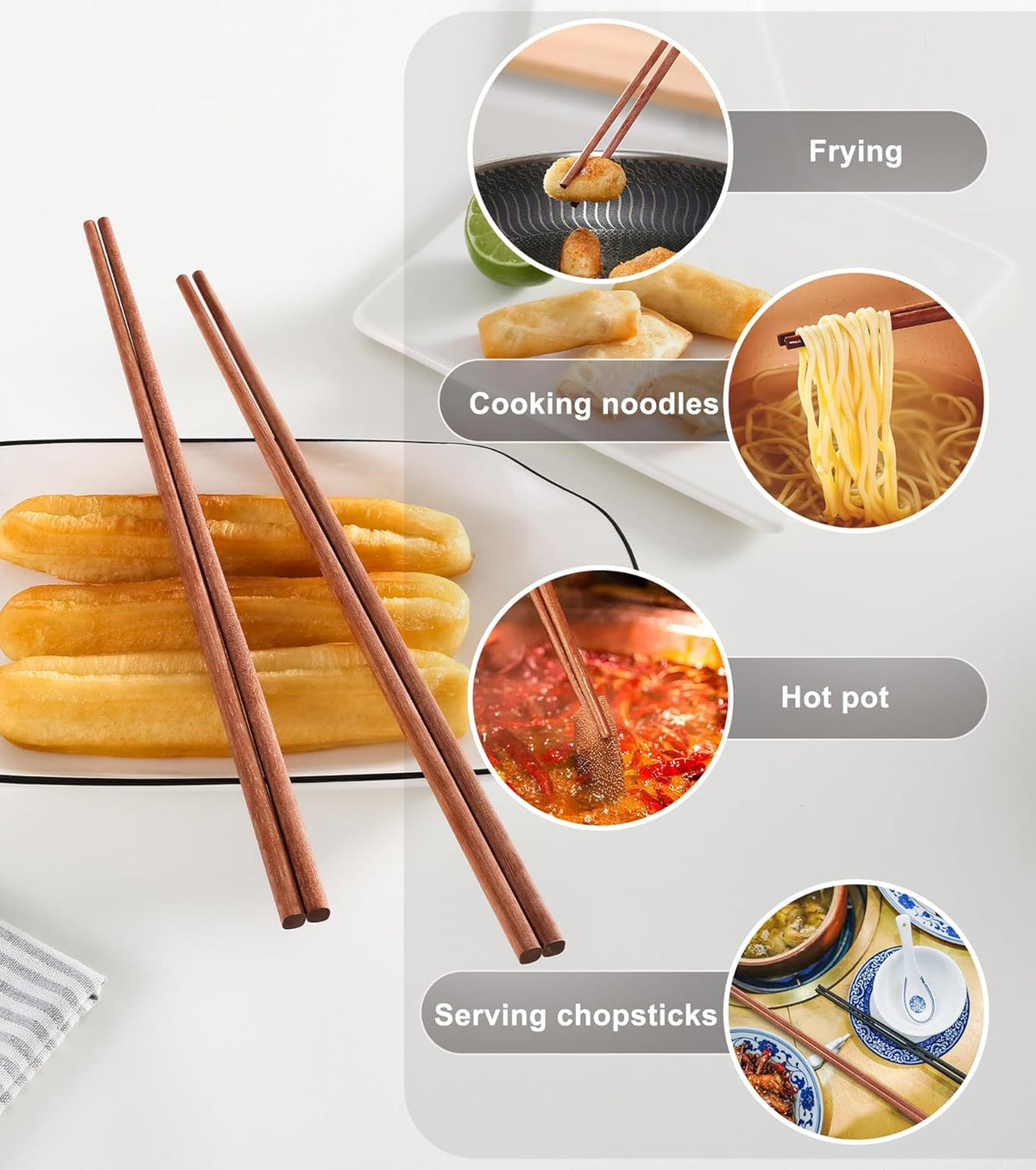 3Pairs Cooking Chopstick 14Inches Long Wooden Chop Sticks Reusable for Noodles Frying Hotpot